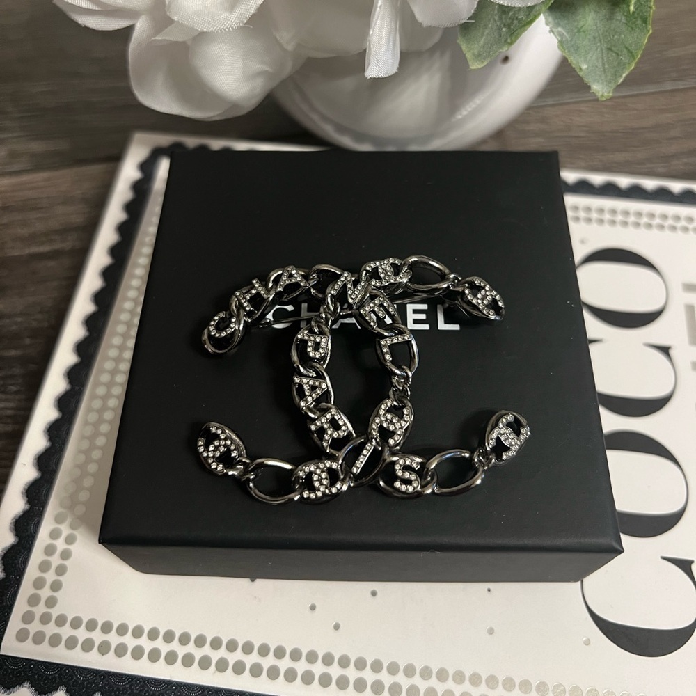 Chanel Large Silver CC "Chanel Paris" Crystal Brooch
